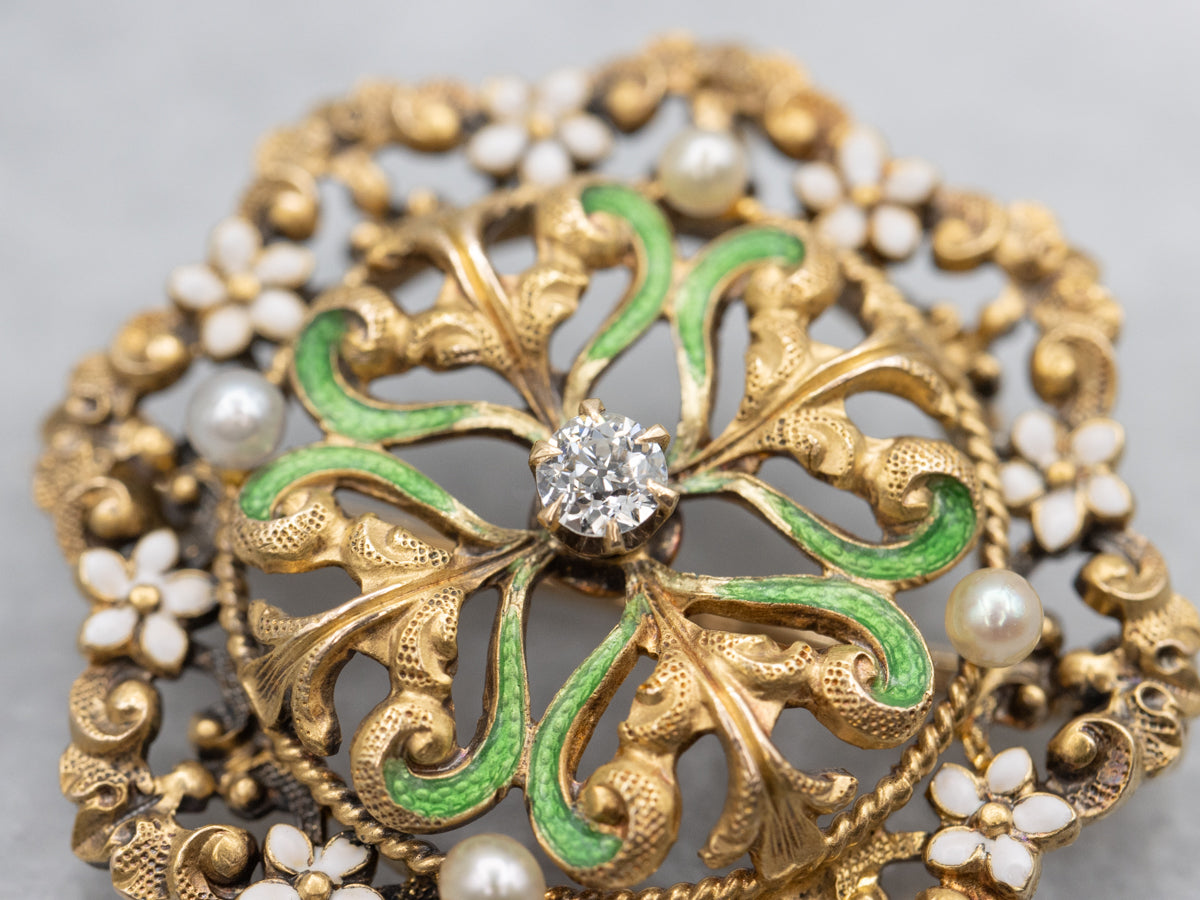 Floral Art Nouveau Era Enamel and Diamond Gold Pin or Pendant with Seed Pearl Accents