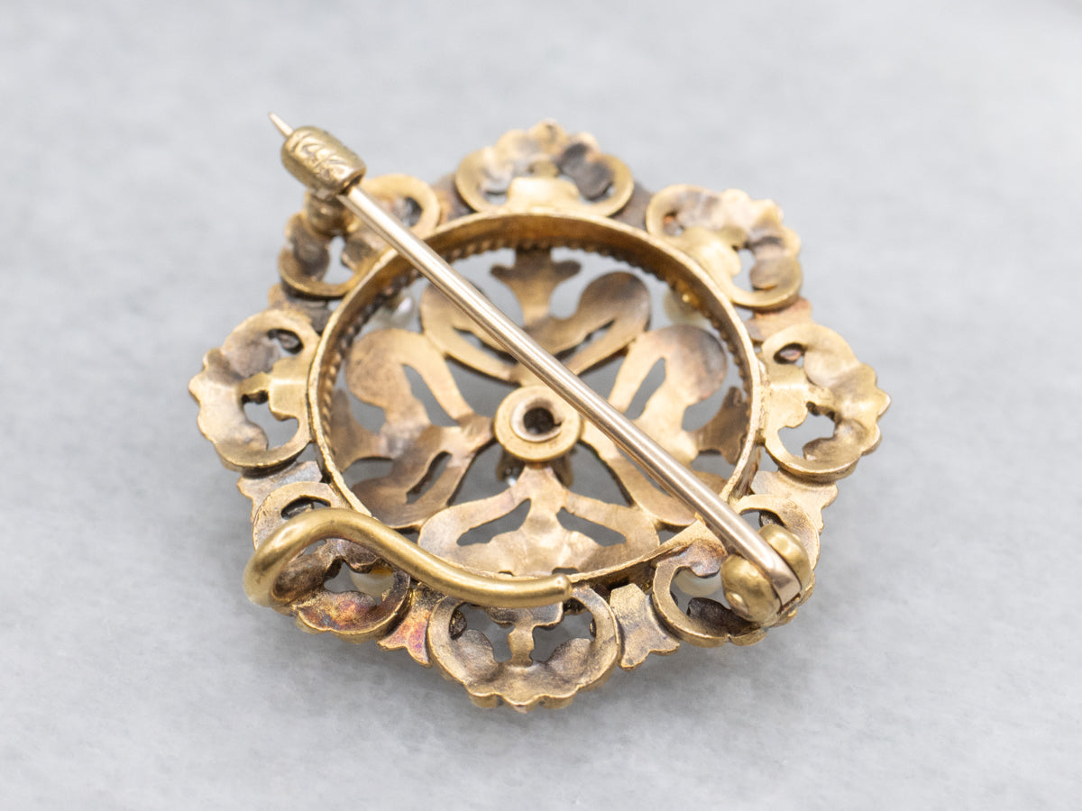 Floral Art Nouveau Era Enamel and Diamond Gold Pin or Pendant with Seed Pearl Accents