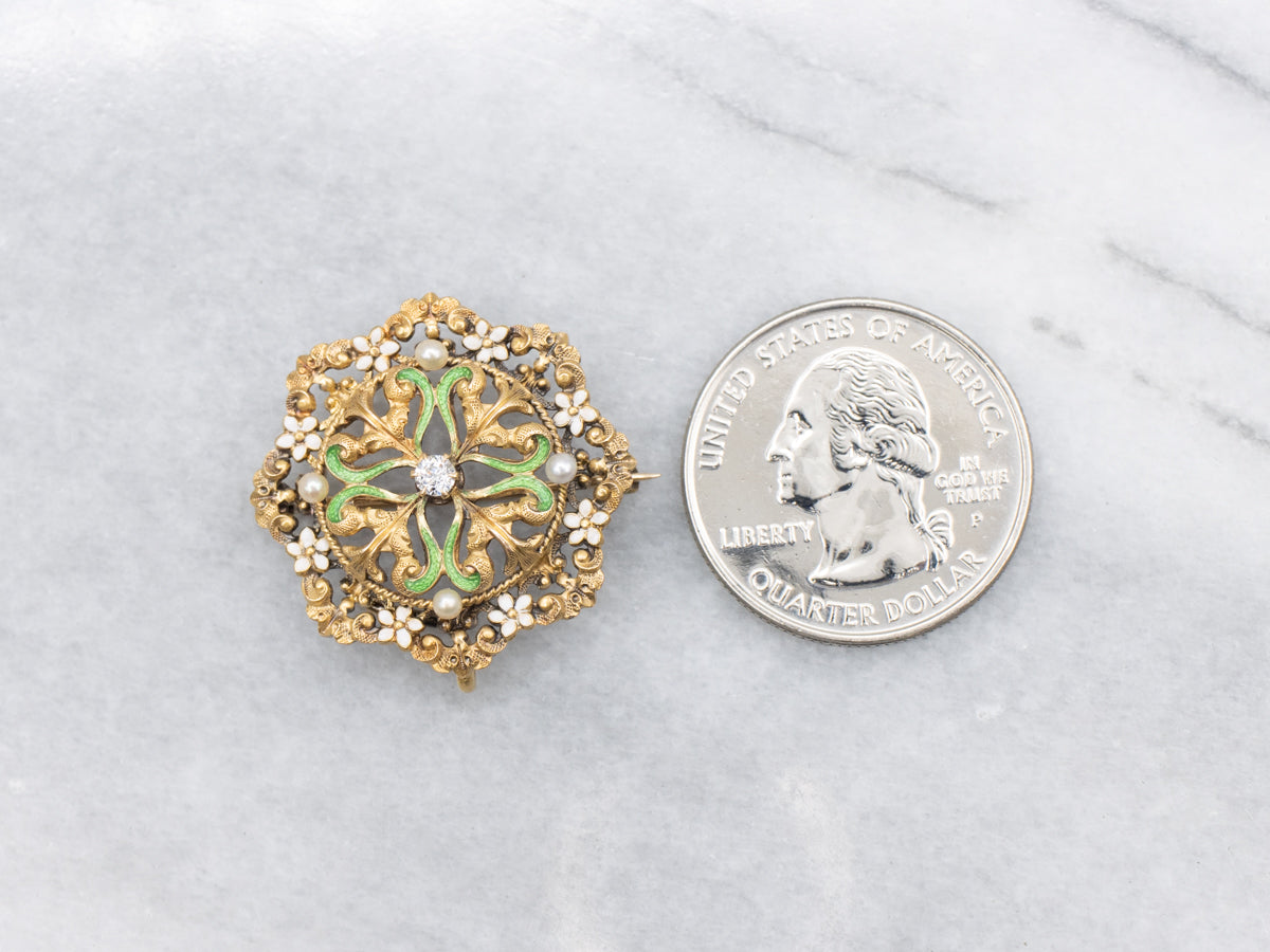 Floral Art Nouveau Era Enamel and Diamond Gold Pin or Pendant with Seed Pearl Accents