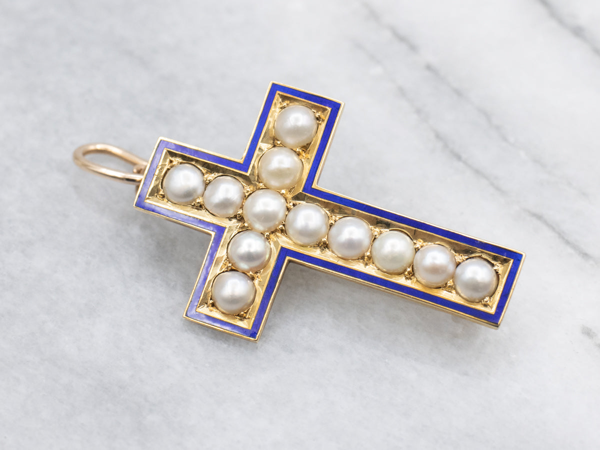 Pearl and Blue Enamel Gold Cross Pin and Pendant