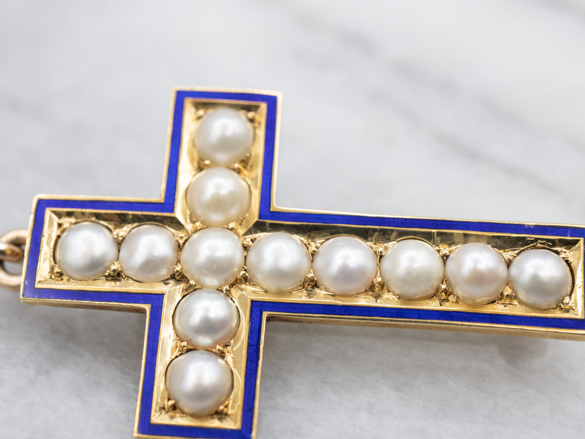 Pearl and Blue Enamel Gold Cross Pin and Pendant
