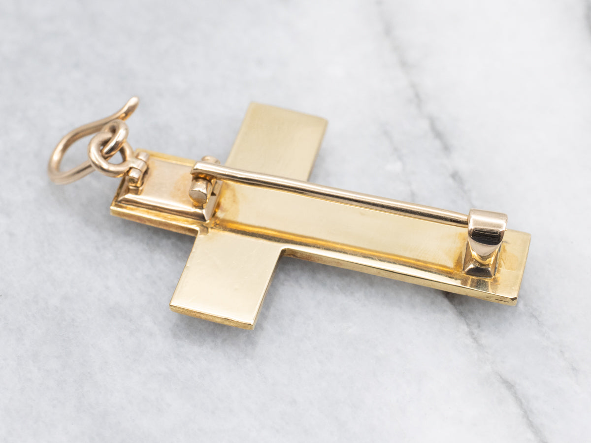 Pearl and Blue Enamel Gold Cross Pin and Pendant