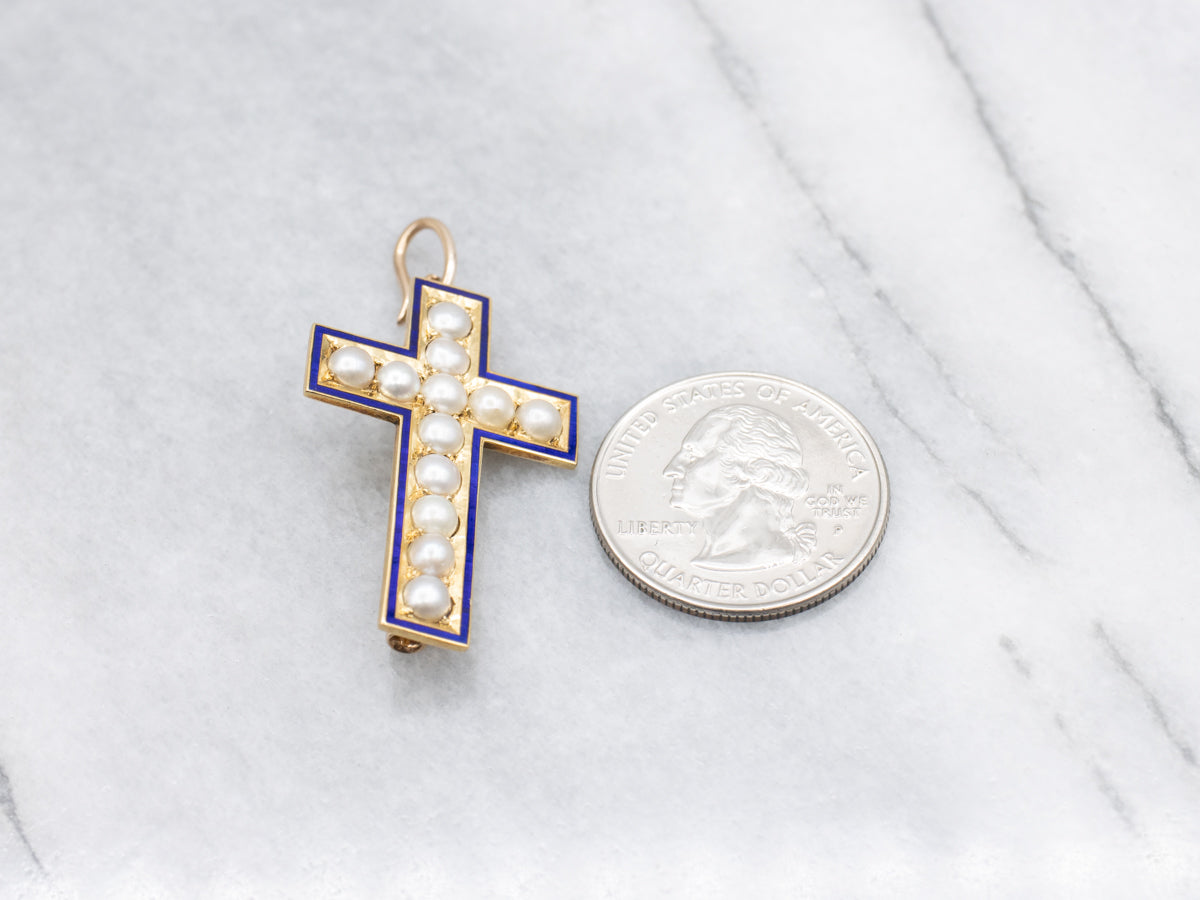 Pearl and Blue Enamel Gold Cross Pin and Pendant