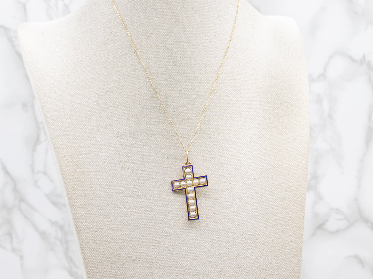 Pearl and Blue Enamel Gold Cross Pin and Pendant