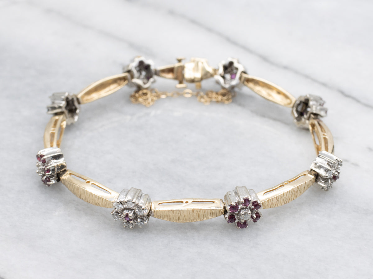 Diamond and Ruby Floral Two Tone Link Bracelet