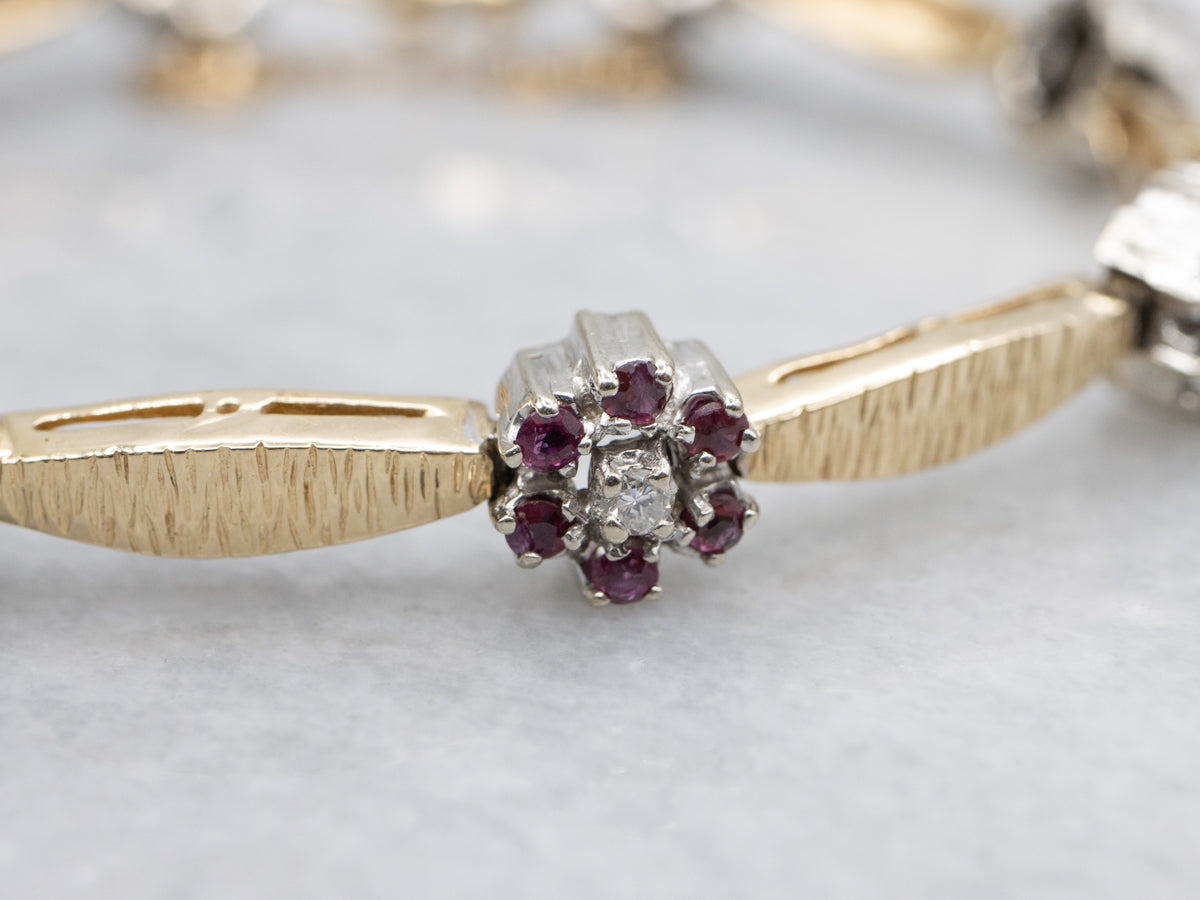 Diamond and Ruby Floral Two Tone Link Bracelet