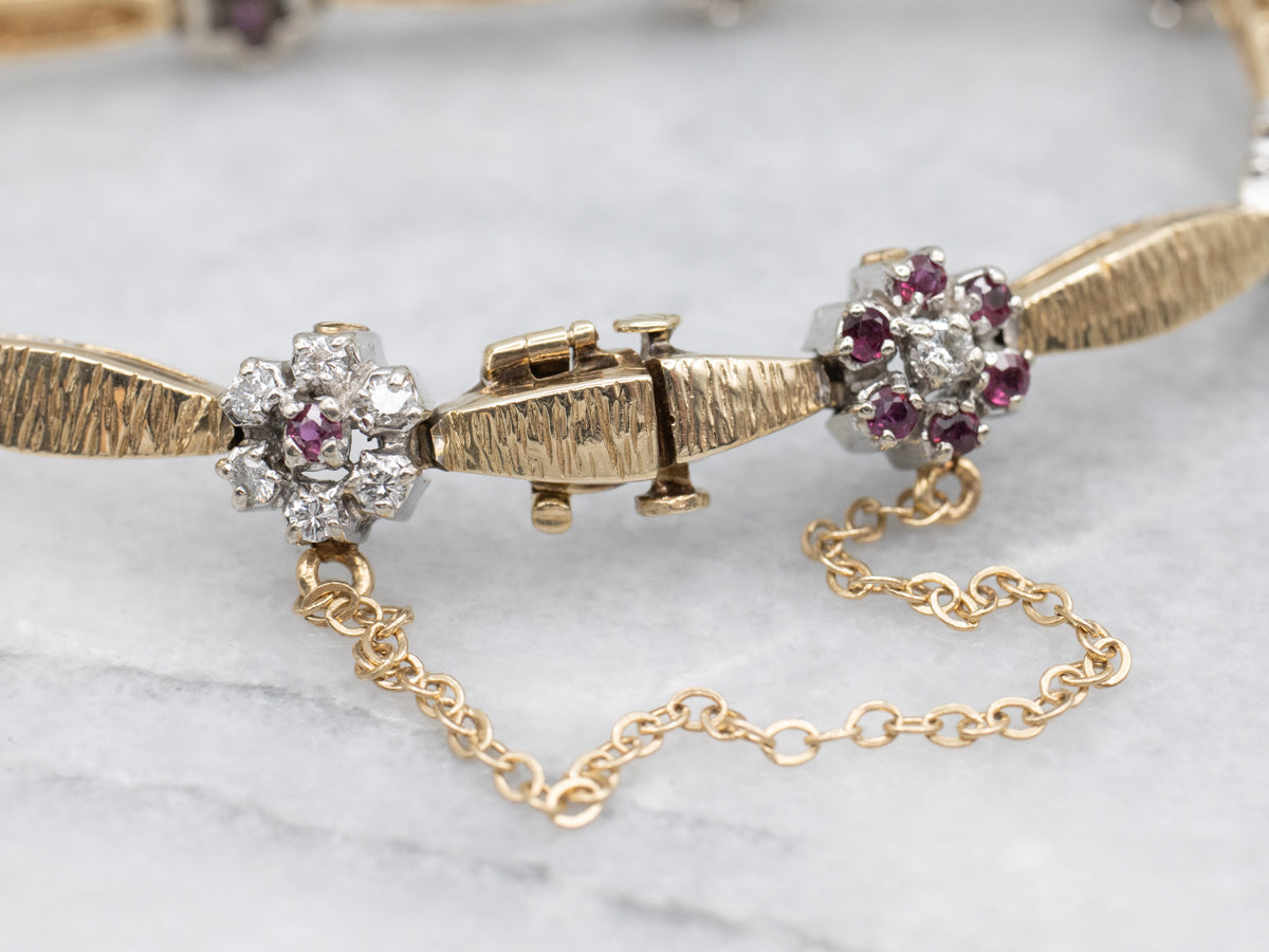 Diamond and Ruby Floral Two Tone Link Bracelet