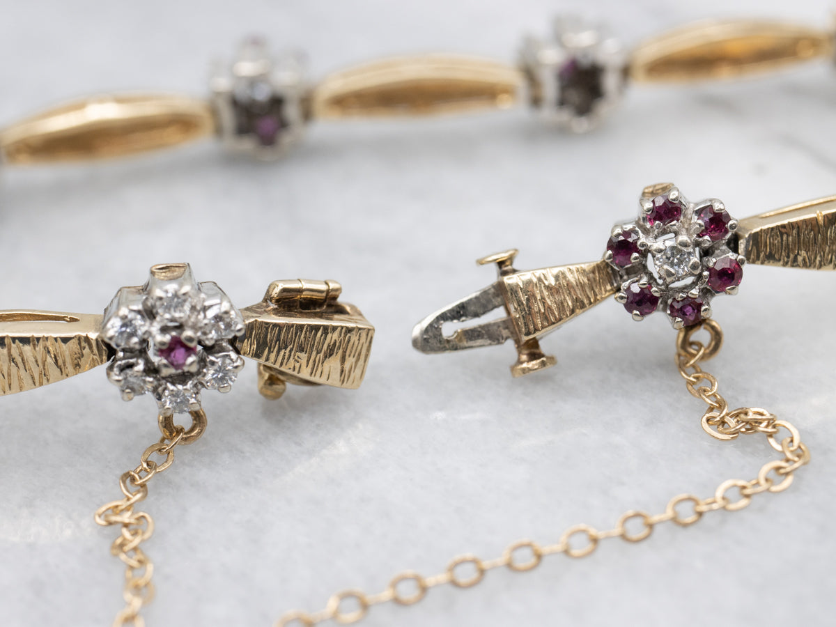 Diamond and Ruby Floral Two Tone Link Bracelet
