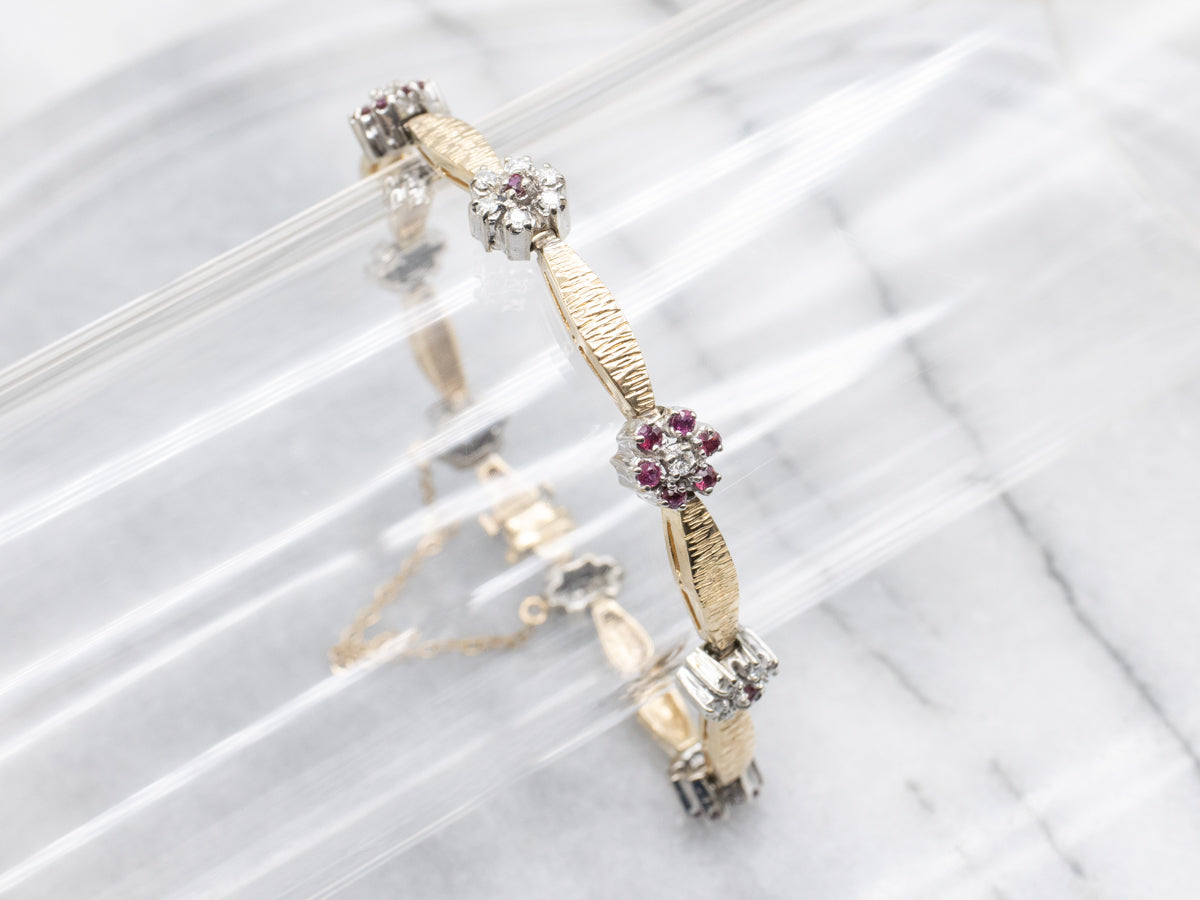 Diamond and Ruby Floral Two Tone Link Bracelet