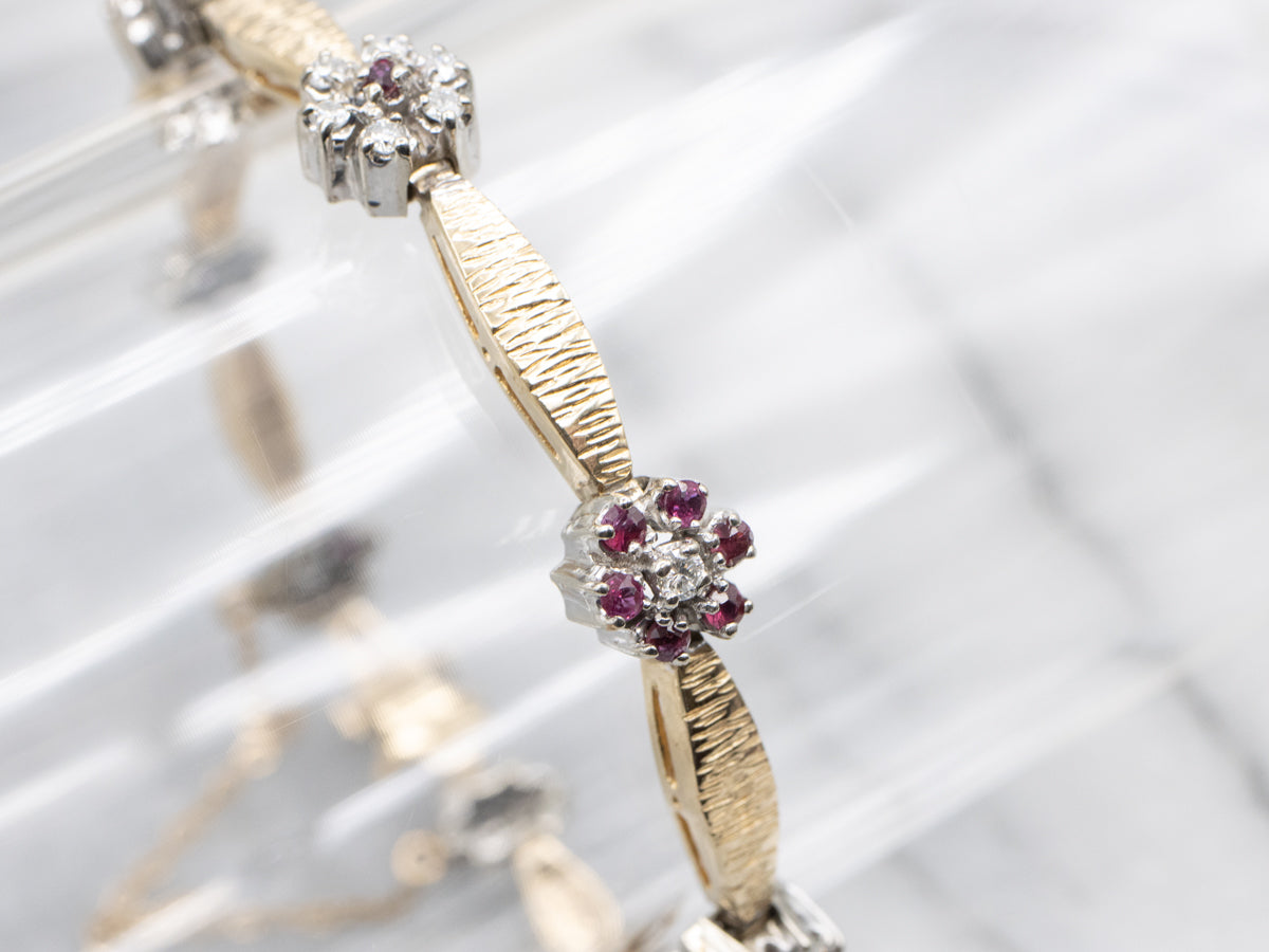 Diamond and Ruby Floral Two Tone Link Bracelet