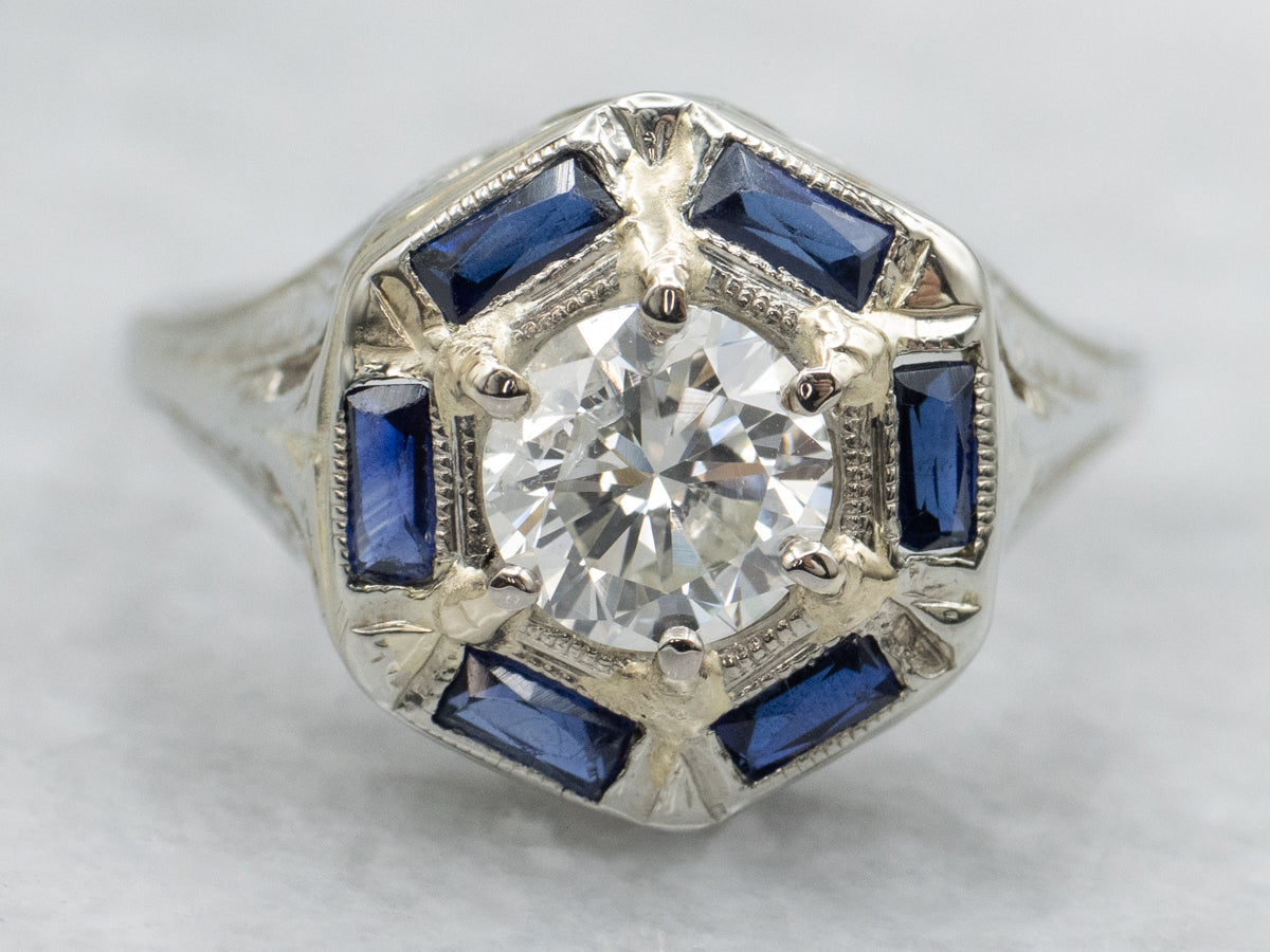 Art Deco GIA Certified Diamond and Synthetic Sapphire Halo Engagement Ring