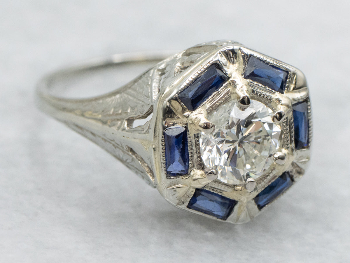 Art Deco GIA Certified Diamond and Synthetic Sapphire Halo Engagement Ring