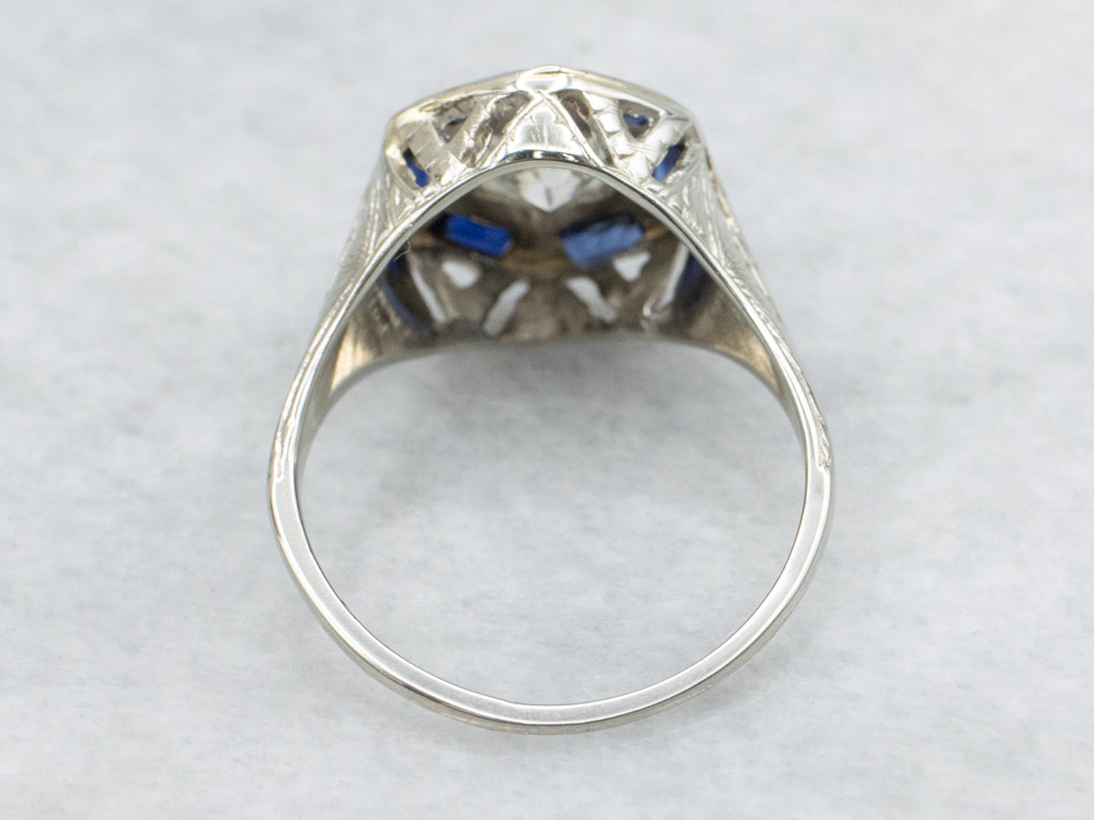 Art Deco GIA Certified Diamond and Synthetic Sapphire Halo Engagement Ring