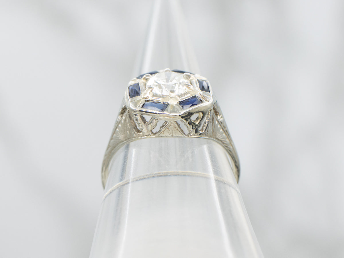 Art Deco GIA Certified Diamond and Synthetic Sapphire Halo Engagement Ring