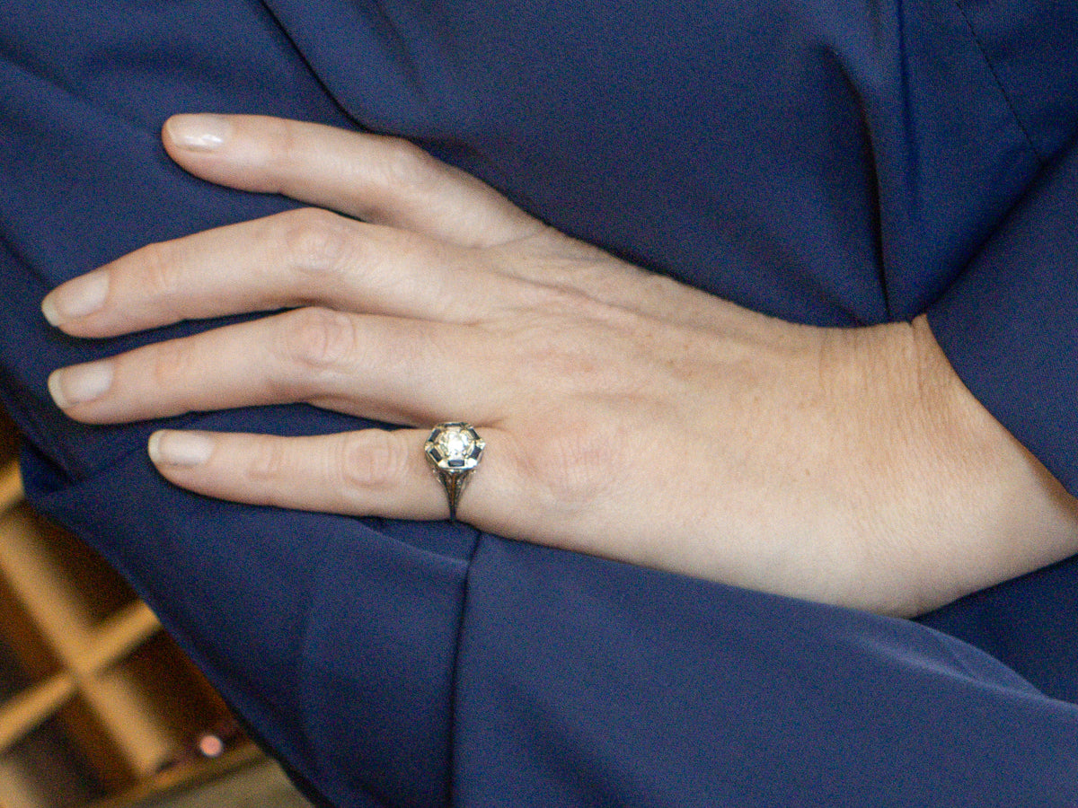 Art Deco GIA Certified Diamond and Synthetic Sapphire Halo Engagement Ring