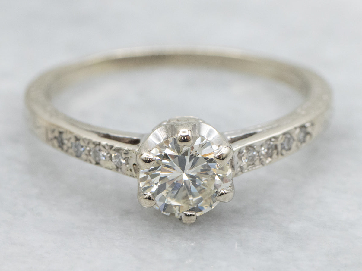 Round Brilliant Diamond Engagement Ring in Vintage Etched Gold Setting