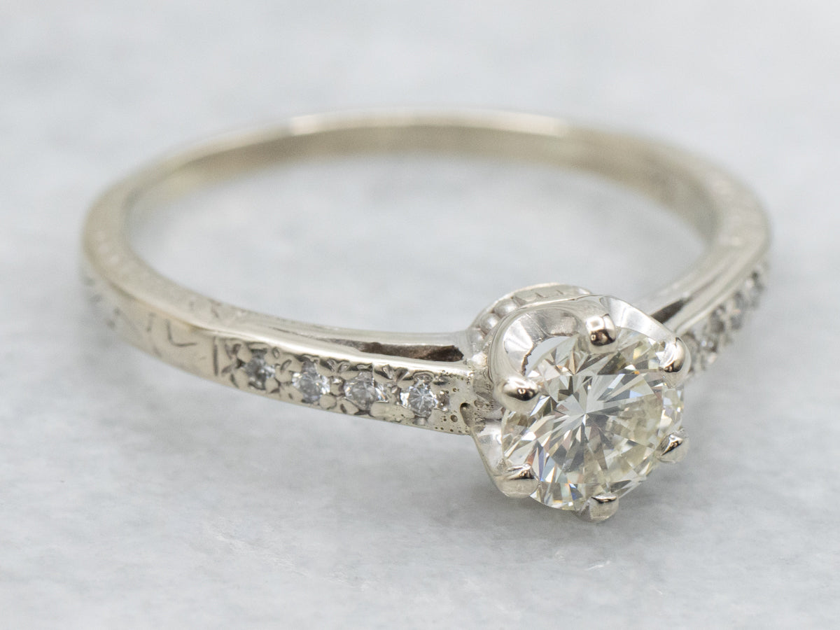 Round Brilliant Diamond Engagement Ring in Vintage Etched Gold Setting