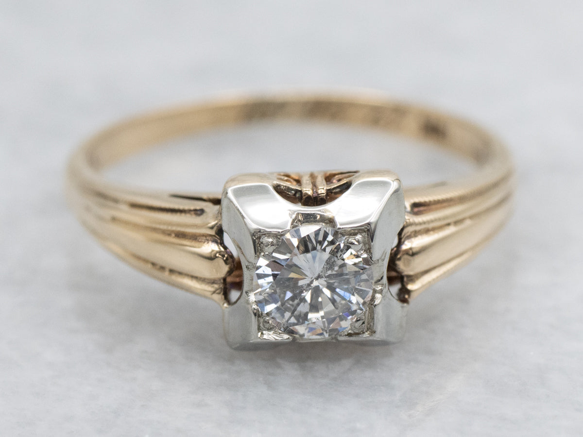1940s Diamond Solitaire Two Tone Gold Engagement Ring