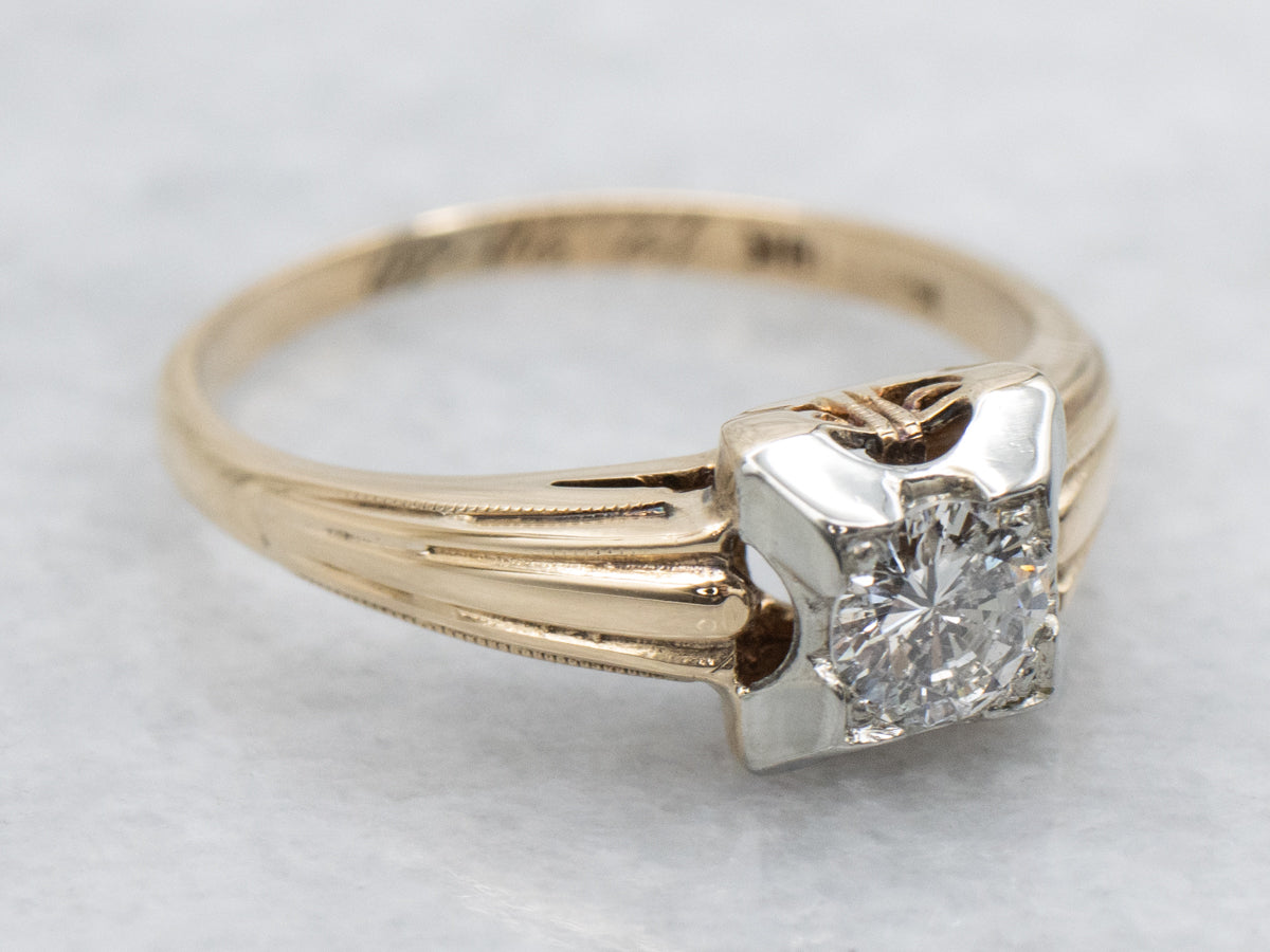 1940s Diamond Solitaire Two Tone Gold Engagement Ring