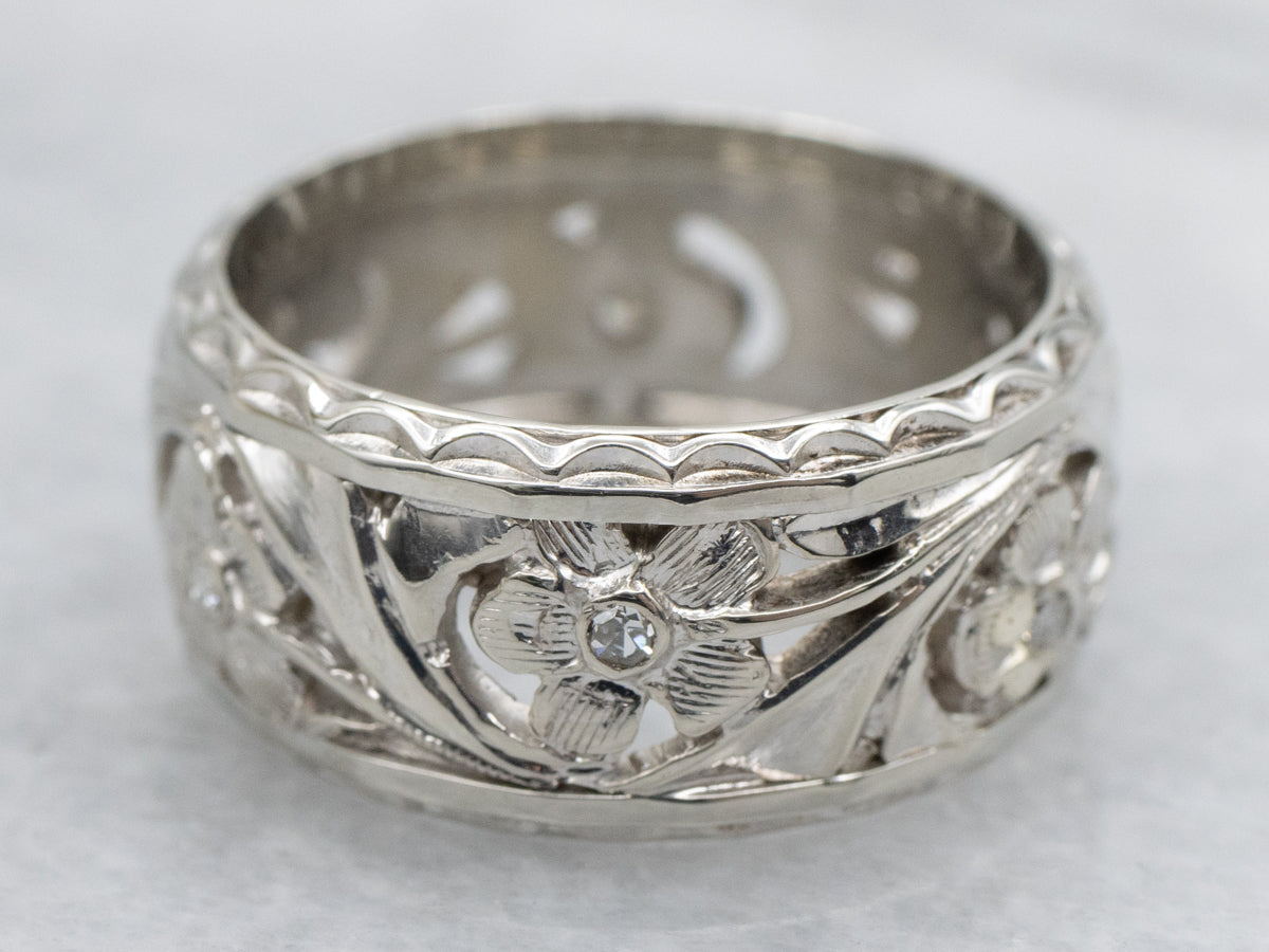 Vintage 14-Karat White Gold Floral Diamond Band
