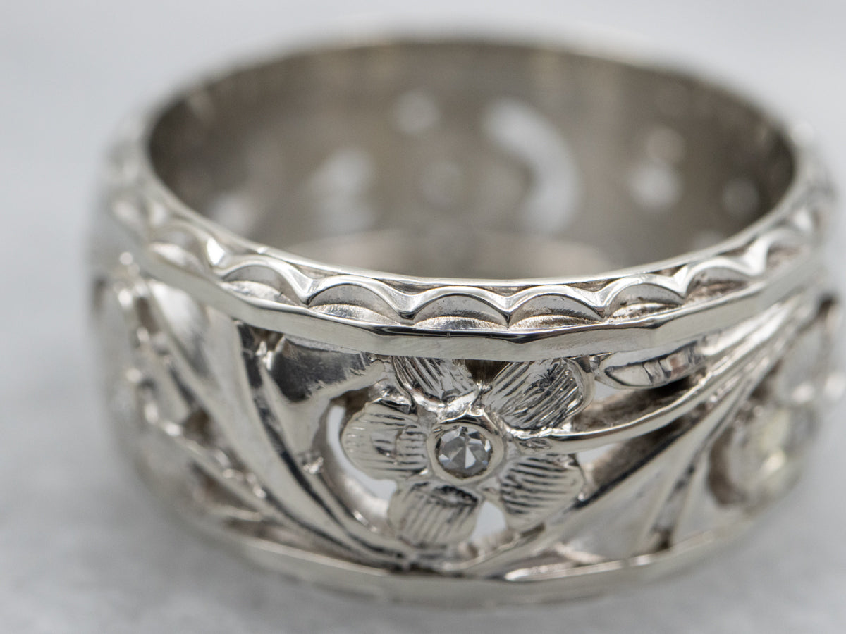 Vintage 14-Karat White Gold Floral Diamond Band