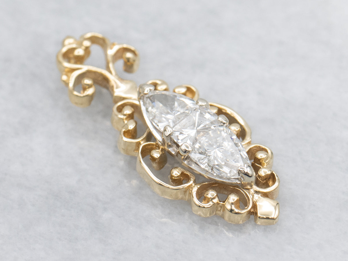 Fancy Baguette and Trillion-Cut Diamond Scrolling Gold Pendant