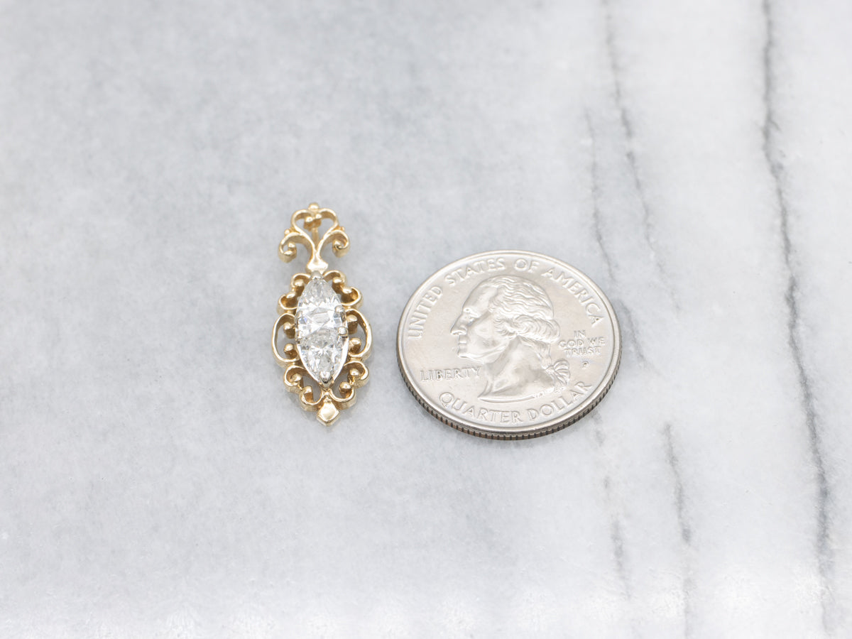 Fancy Baguette and Trillion-Cut Diamond Scrolling Gold Pendant