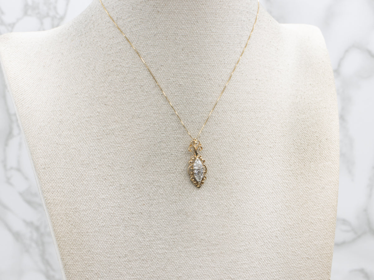 Fancy Baguette and Trillion-Cut Diamond Scrolling Gold Pendant