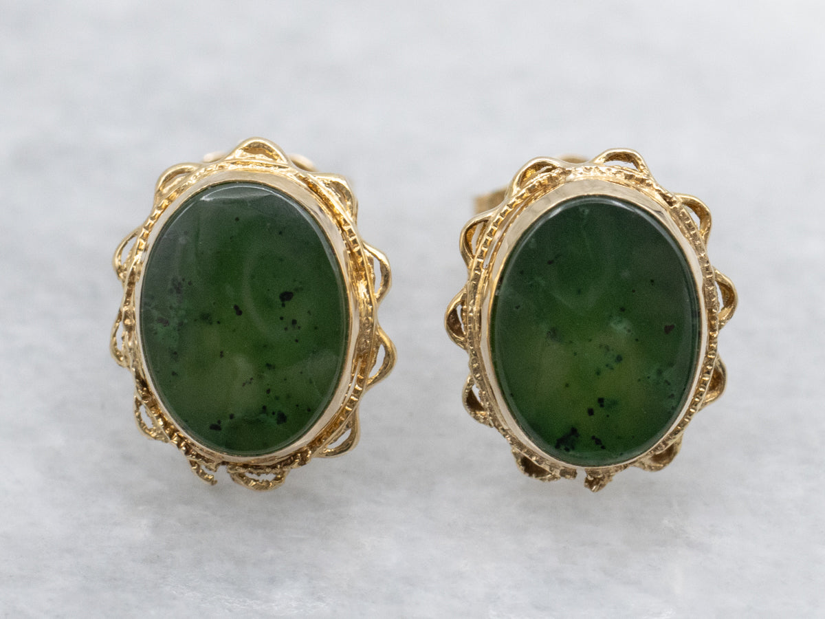 Nephrite Jade Cabochons in Vintage Scalloped Gold Stud Settings