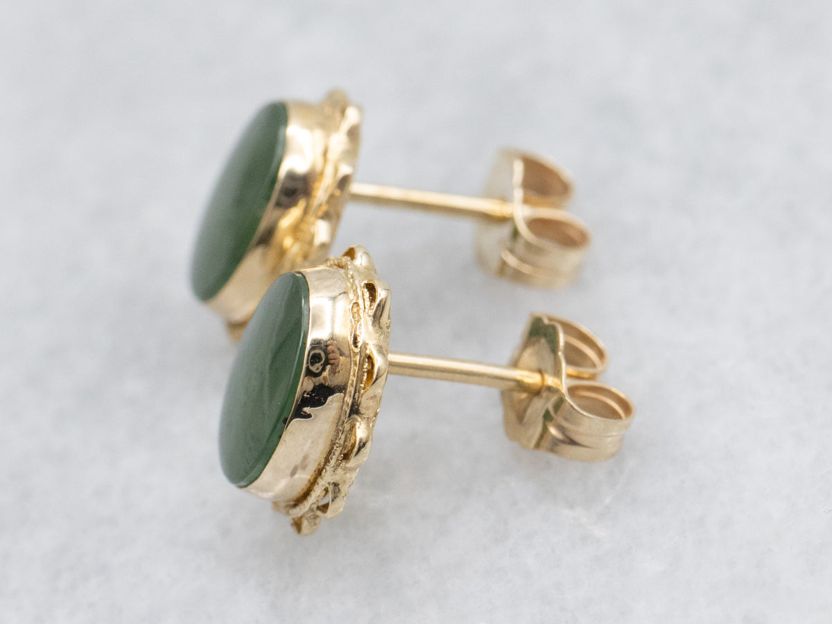 Nephrite Jade Cabochons in Vintage Scalloped Gold Stud Settings