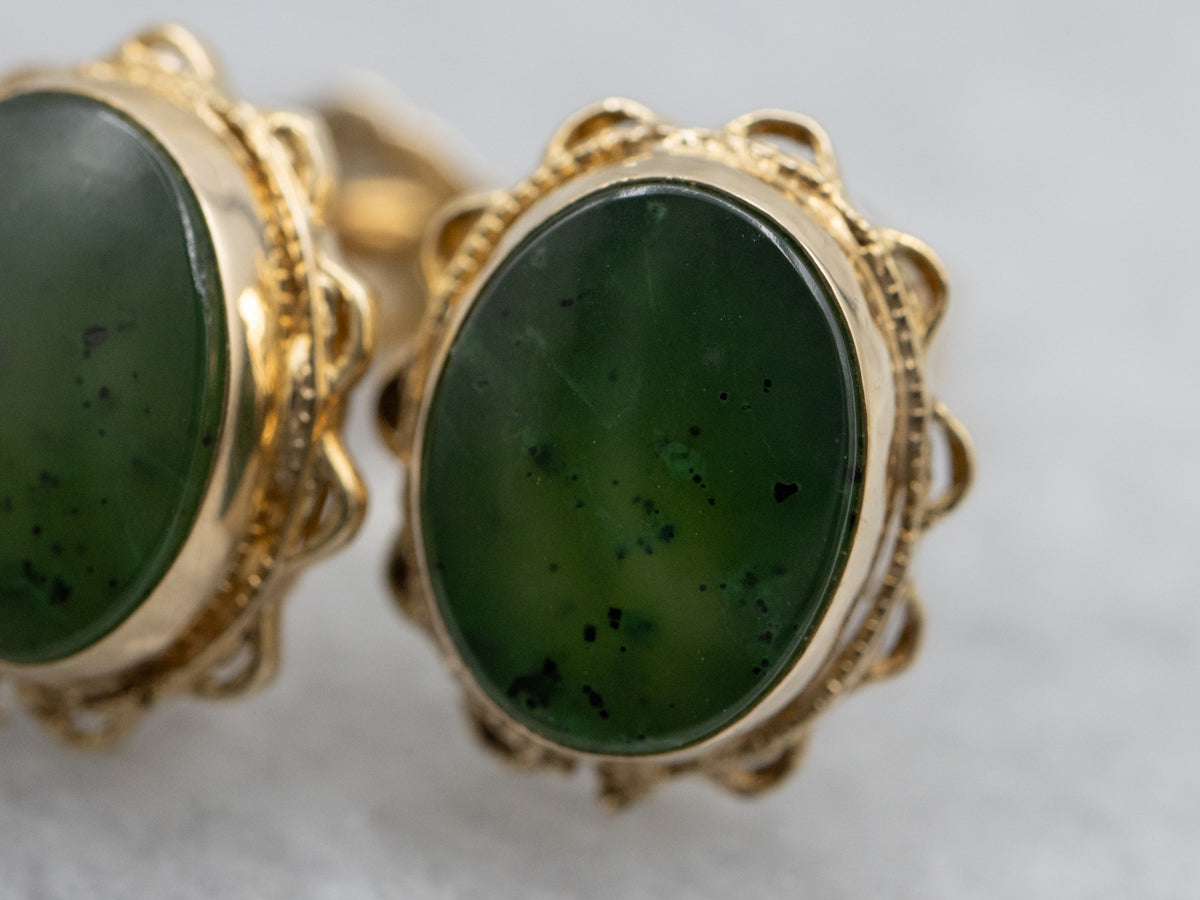 Nephrite Jade Cabochons in Vintage Scalloped Gold Stud Settings