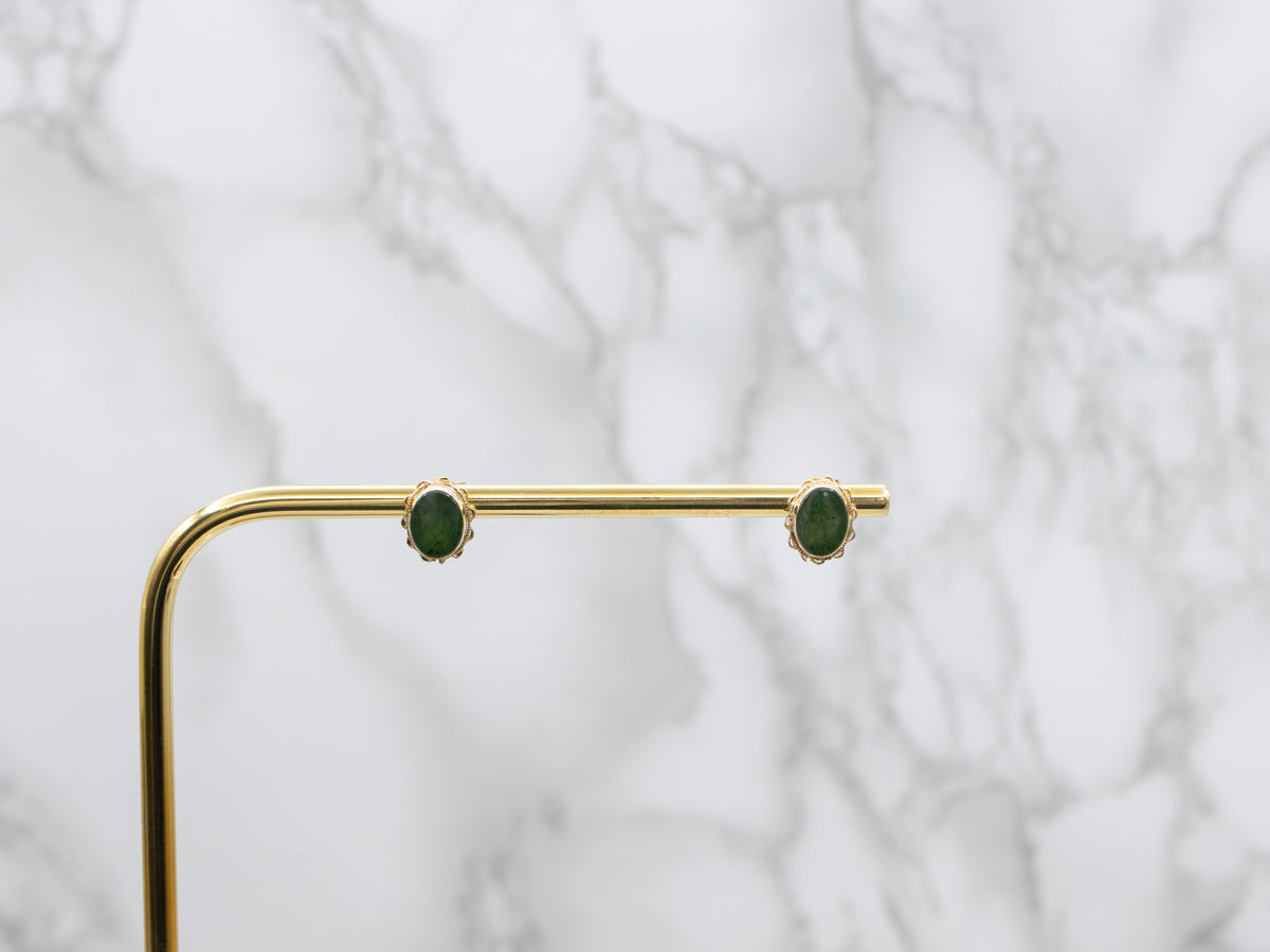 Nephrite Jade Cabochons in Vintage Scalloped Gold Stud Settings