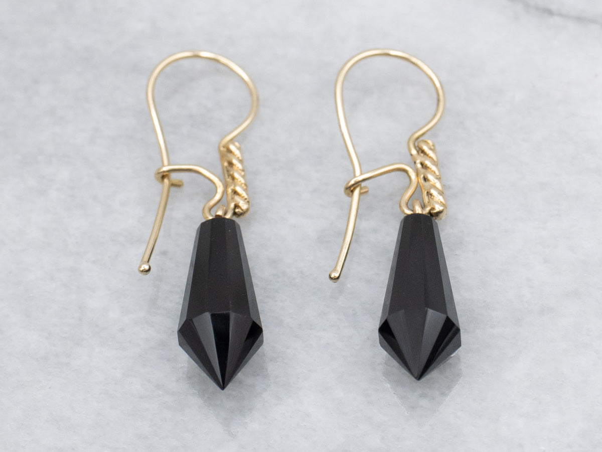 Vintage Black Onyx Point Earrings in Yellow Gold