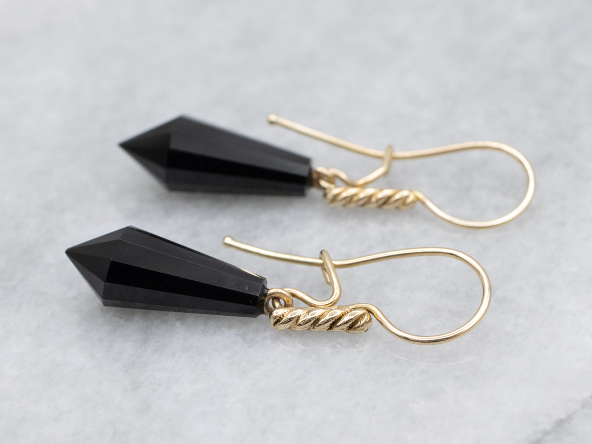 Vintage Black Onyx Point Earrings in Yellow Gold
