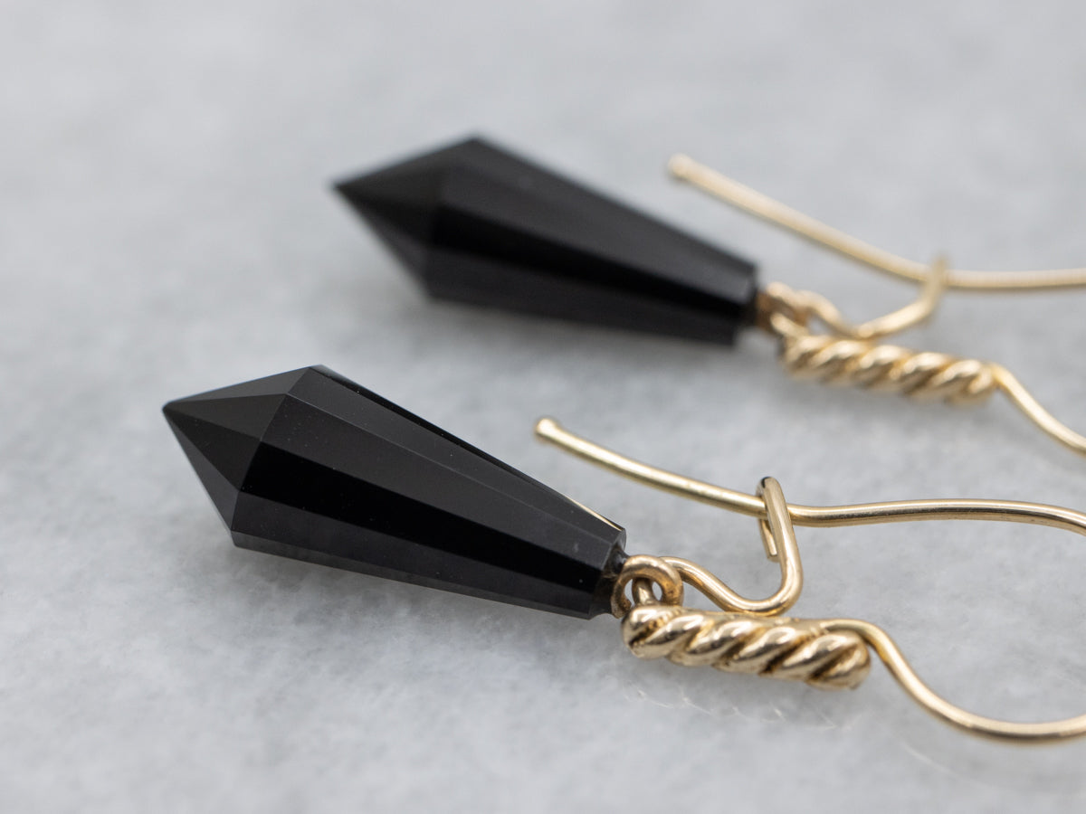 Vintage Black Onyx Point Earrings in Yellow Gold