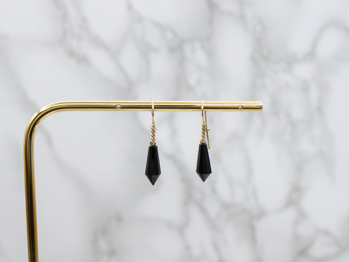 Vintage Black Onyx Point Earrings in Yellow Gold