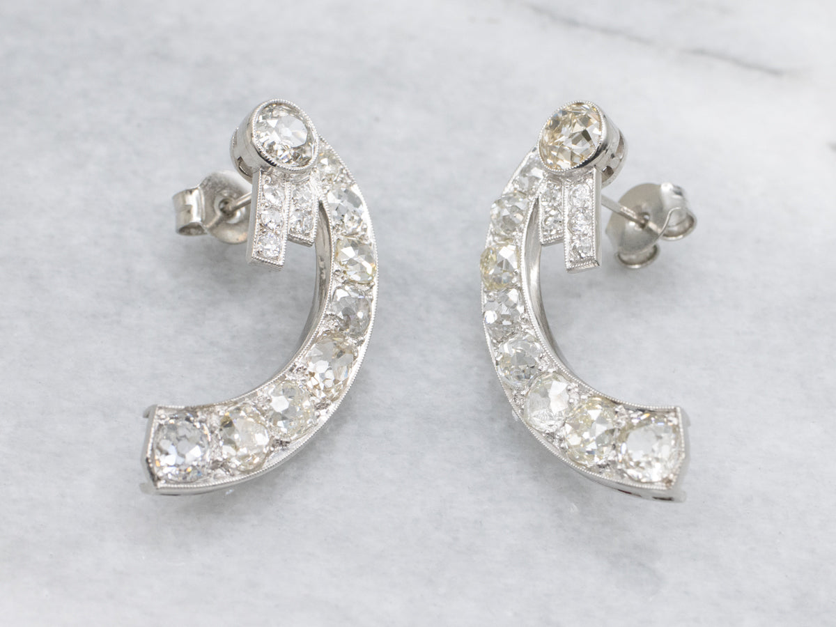 Art Deco Era Old Mine Cut Diamond and Platinum Drop Earrings