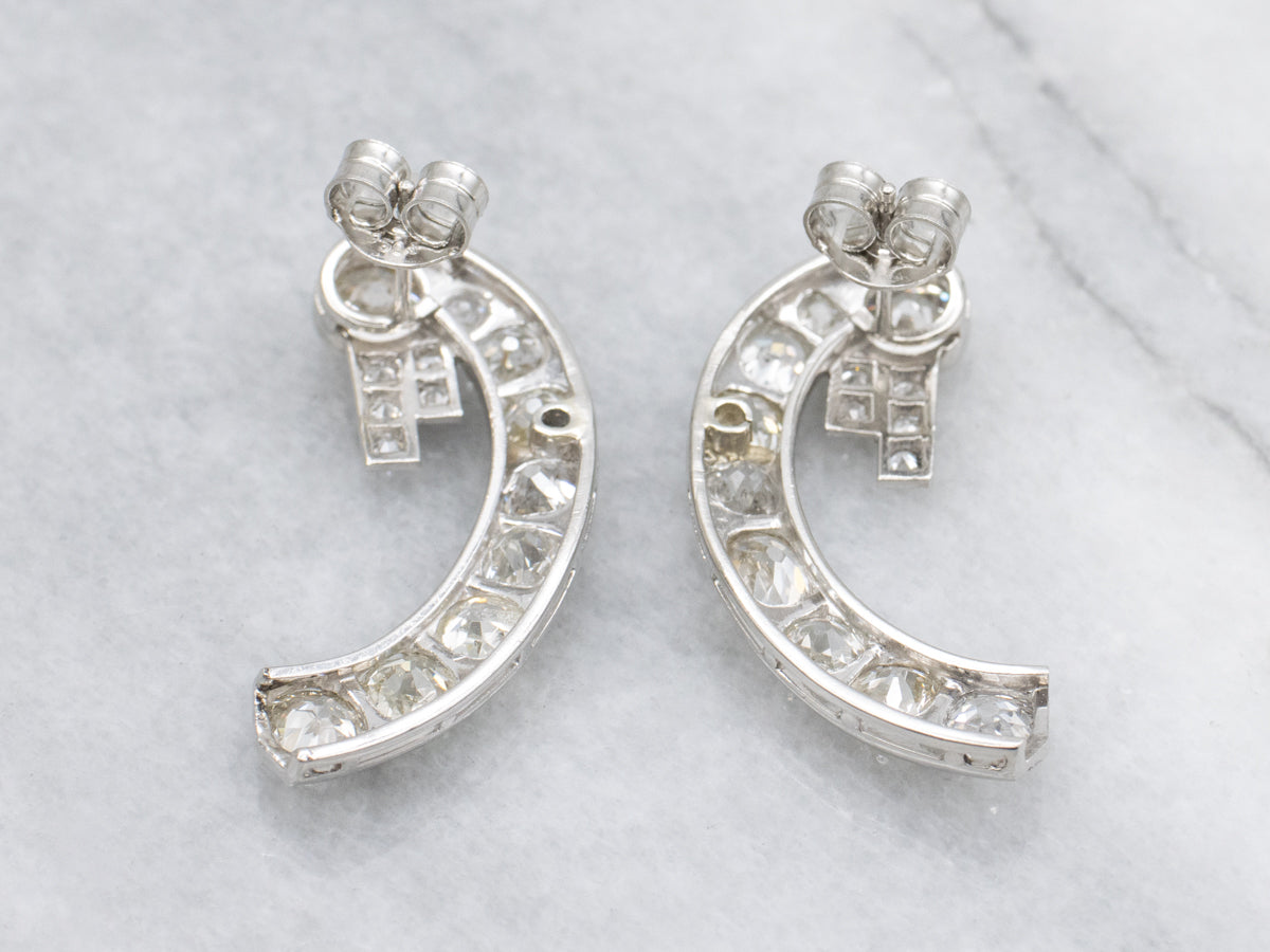 Art Deco Era Old Mine Cut Diamond and Platinum Drop Earrings