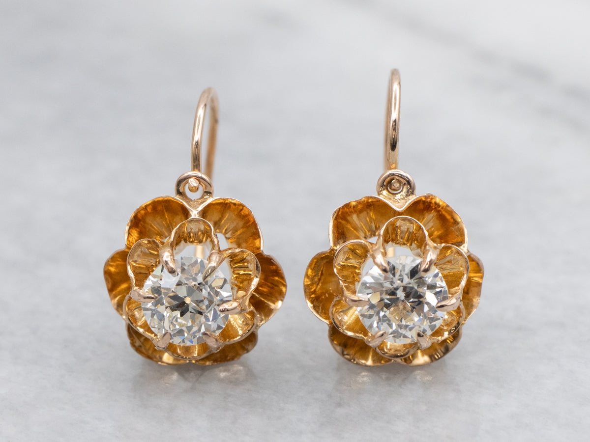 Retro Buttercup Set Old Mine Cut Diamond and Gold Earrings
