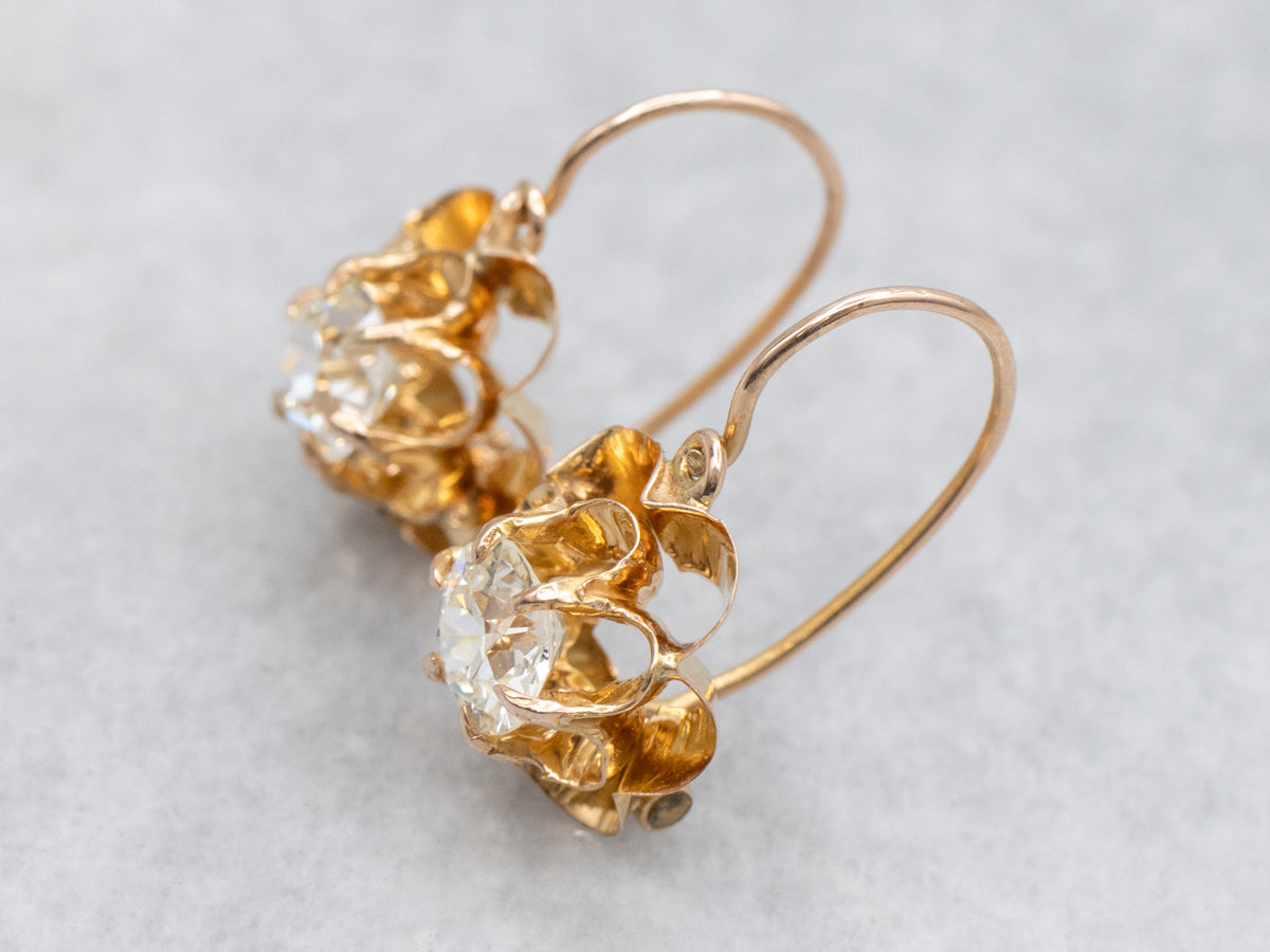 Retro Buttercup Set Old Mine Cut Diamond and Gold Earrings