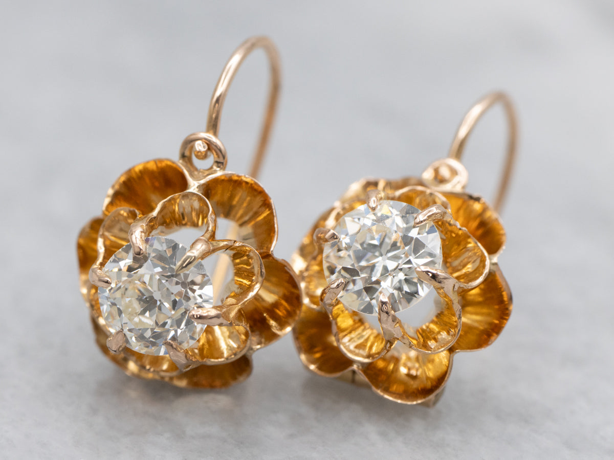 Retro Buttercup Set Old Mine Cut Diamond and Gold Earrings