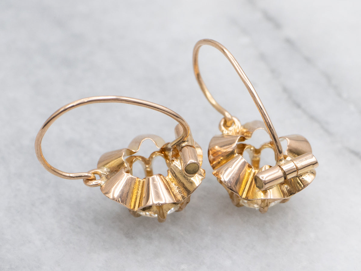 Retro Buttercup Set Old Mine Cut Diamond and Gold Earrings