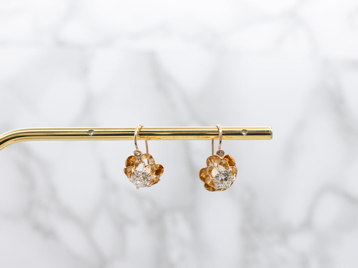 Retro Buttercup Set Old Mine Cut Diamond and Gold Earrings