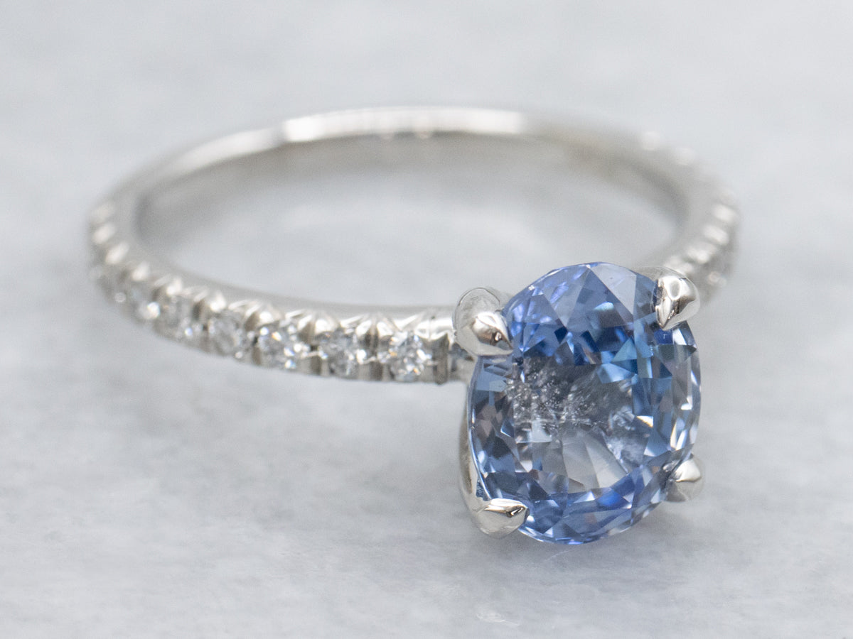 Modern Light Blue Sapphire and Diamond Accent Platinum Engagement Ring