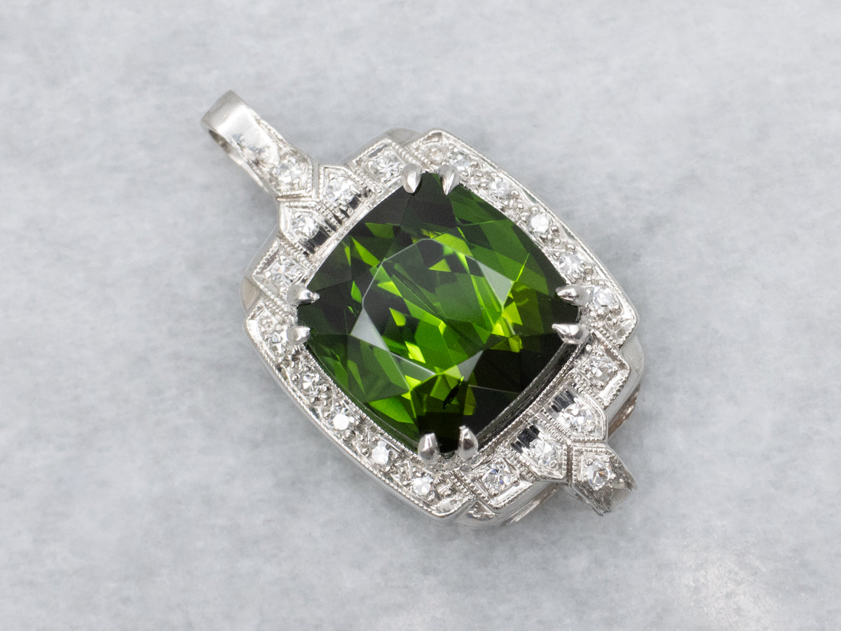 Retro Era Platinum Green Tourmaline and Diamond Pendant