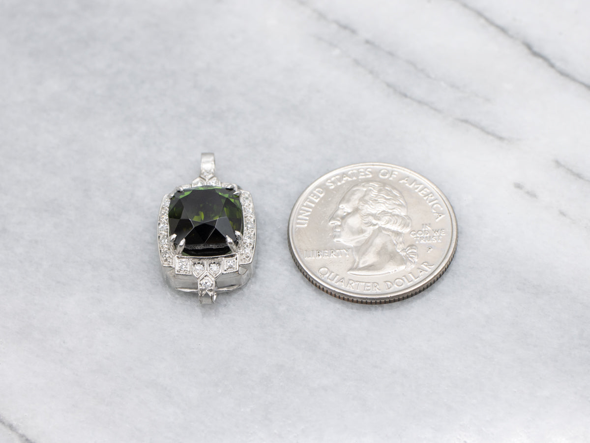 Retro Era Platinum Green Tourmaline and Diamond Pendant