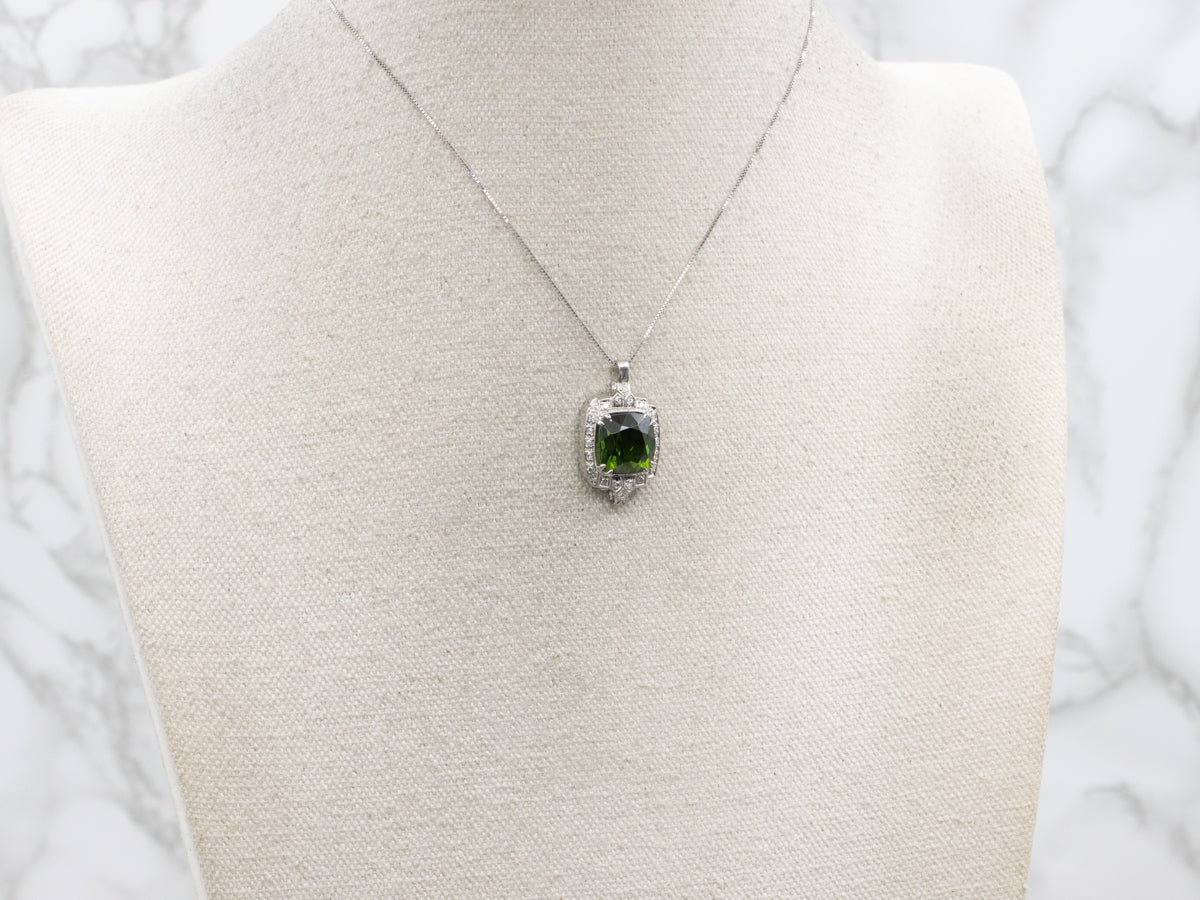Retro Era Platinum Green Tourmaline and Diamond Pendant