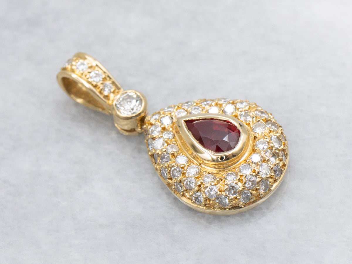 Modern Teardrop Ruby and Diamond Halo Pendant