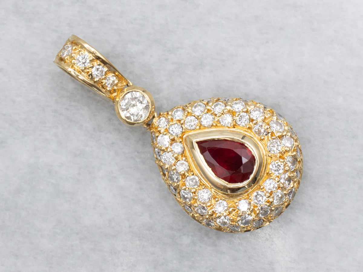 Modern Teardrop Ruby and Diamond Halo Pendant