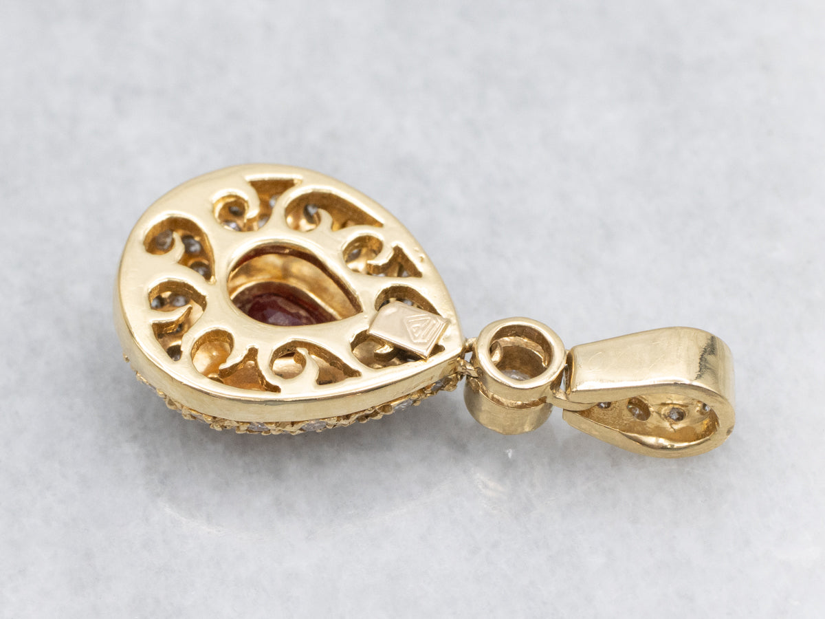 Modern Teardrop Ruby and Diamond Halo Pendant